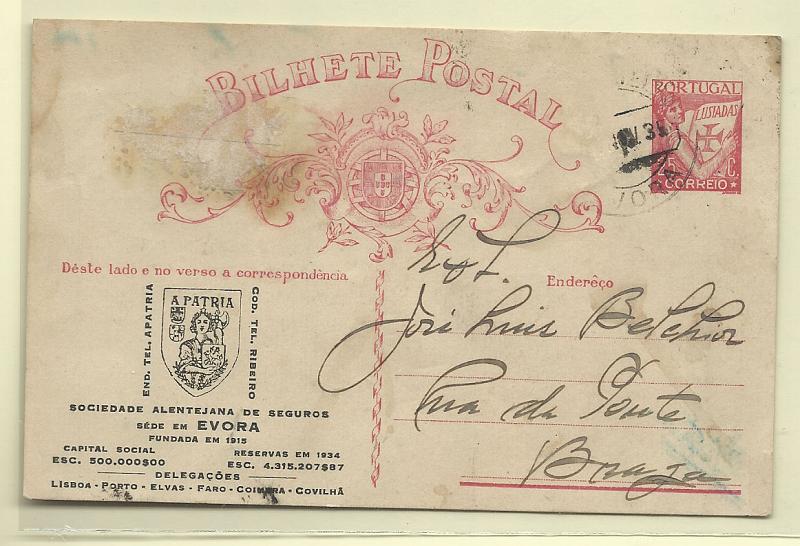 0394.jpg -     Lote:    394            Portugal       Descrição:         1931 &mdash; Lusíadas. OM80, 25c carmim. Circulado. Repicado pela "SOCIEDADE ALENTEJANA DE SEGUROS". Inteiro com mancha.        IC       Valor Base:     &euro; 8,00     Valor Venda:     &euro; 8,00       