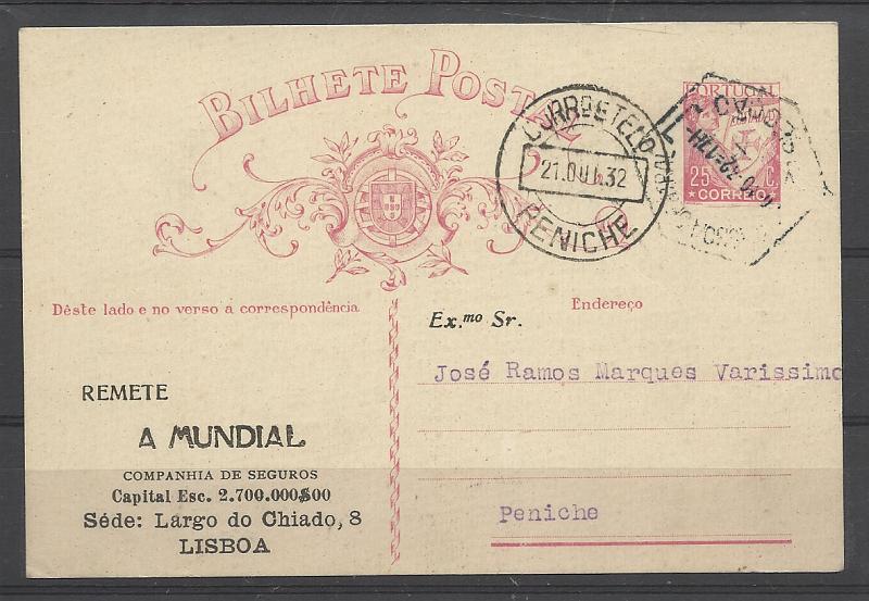 0395.jpg -     Lote:    395            Portugal       Descrição:         1931 &mdash; Lusíadas. OM80, 25c rosa, cartolina camurça. Circulado de Lisboa (20.10.32) para Peniche (21.10.32). Repicado por "A MUNDIAL / COMPANHIA DE SEGUROS".        IC       Valor Base:     &euro; 10,00     Valor Venda:     Retirado     
