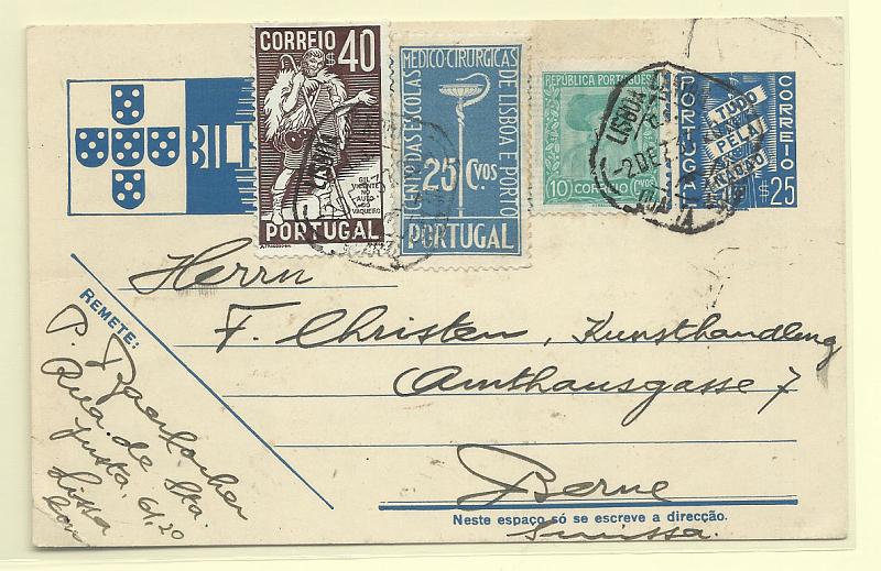 0396.jpg -     Lote:    396            Portugal       Descrição:         1936/39 &mdash; Tudo pela Nação. OM83, $25 azul. Circulado de Lisboa (02.12.37) para Berna, com selos adicionais de 10c CE568 + 25c CE576 + 40c CE577. MB e R.        IC       Valor Base:     &euro; 12,00     Valor Venda:     &euro; 18,00       