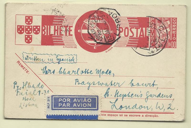 0397.jpg -     Lote:    397            Portugal       Descrição:         1936/39 &mdash; Tudo pela Nação. OM82, 1$00 vermelho-carmim. Lote de 4 inteiros circulados de Lisboa para Londres.        IC       Valor Base:     &euro; 12,00     Valor Venda:     Retirado     