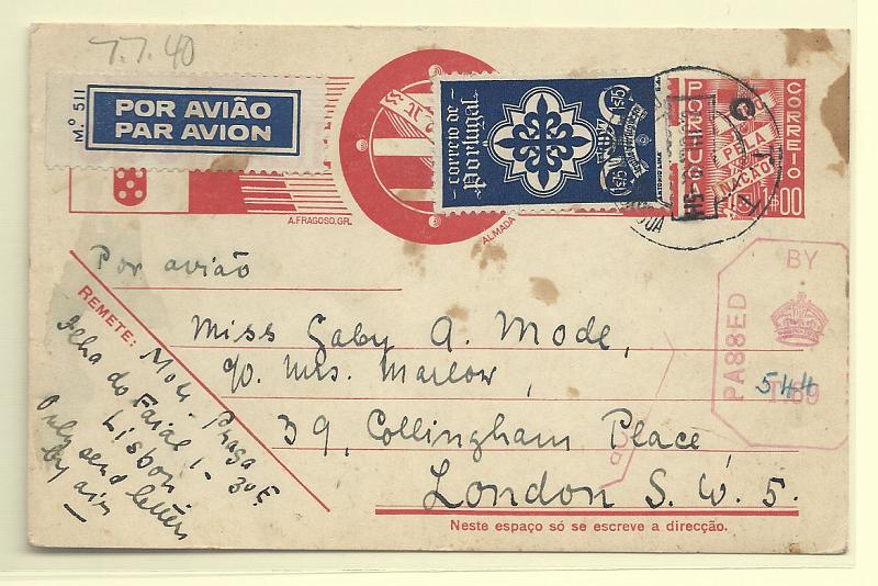 0398.jpg -     Lote:    398            Portugal       Descrição:         1936/39 &mdash; Tudo pela Nação. OM84, 1$00 vermelho carmim. Circulado por via aérea de Lisboa (08.07.42) para Londres com selo adicional de 1$75 CE590.        IC       Valor Base:     &euro; 15,00     Valor Venda:     &euro; 15,00       