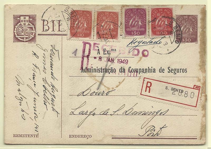 0399.jpg -     Lote:    399            Portugal       Descrição:         1943 &mdash; Caravela. OM98, $30 castanho. Circulado registado no Porto (07.01.48) com selos adicionais tipo Caravela de $10 (2), $50 e 1$00. Repicado Pela COMPANHIA DE SEGUROS DOURO.        IC       Valor Base:     &euro; 10,00     Valor Venda:     Retirado     