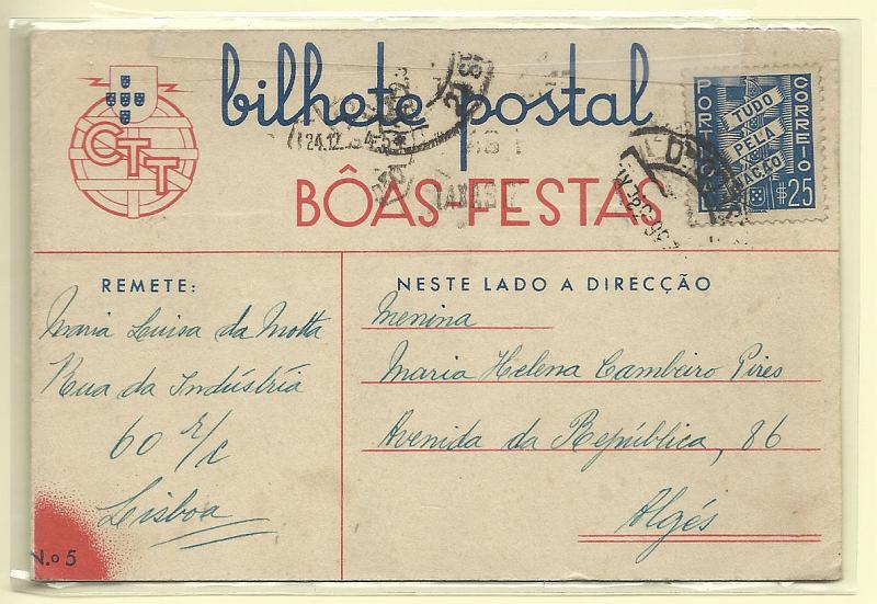 0401.jpg -     Lote:    401            Portugal       Descrição:         1936 &mdash; Boas Festas. Selo Tudo pela Nação. OM 85, $25 azul, n.º 5. Circulado de Lisboa para Algés.        IC       Valor Base:     &euro; 12,00     Valor Venda:     Retirado     