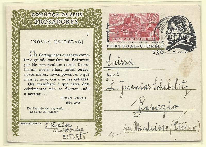 0408.jpg -     Lote:    408            Portugal       Descrição:         1948 &mdash; Conheça os seus Prosadores. CE111 (7), $30. Circulado do Estoril (10.12.45) para Itália com selo adicional Castelos de Portugal de 1$00 CE668.        IC       Valor Base:     &euro; 10,00     Valor Venda:     &euro; 10,00       
