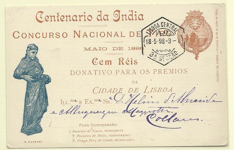 0412.jpg -     Lote:    412            Portugal       Descrição:         1898 &mdash; Centenário da Índia. Concurso Nacional de Tiro. S. RAPHAEL. OM CI 7ECirculado de Lisboa (18.05.98) para Colares. MB e MR.        IC       Valor Base:     &euro; 150,00     Valor Venda:     Retirado     