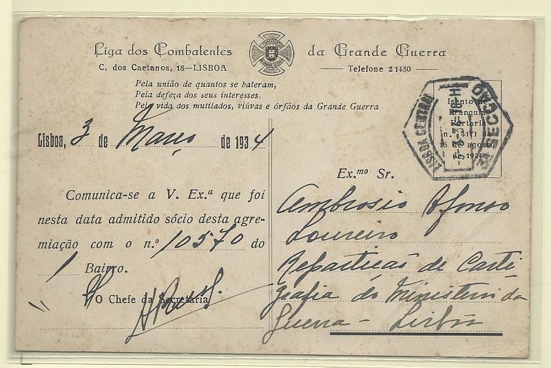 0413.jpg -     Lote:    413            Portugal       Descrição:         Isentos de franquia. Liga dos Combatentes da Grande Guerra. Postal ilustrado (UMA RUA DE LEVANTE), OM LC2 C, circulado isento de franquia em Lisboa (03.03.34), ao abrigo da Portaria 4171. MB e MR.        IC       Valor Base:     &euro; 60,00     Valor Venda:     Retirado     