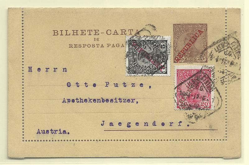 0419.jpg -     Lote:    419            Portugal       Descrição:         1910 &mdash; D. Manuel II, com sobrecarga REPUBLICA. Bilhetes-Cartas. OM16, 25+25. Circulado de Lisboa (16.04.12) para a Áustria, com selos adicionais de 5 e 20 reis CE171 e 174.        IC       Valor Base:     &euro; 25,00     Valor Venda:     &euro; 25,00       