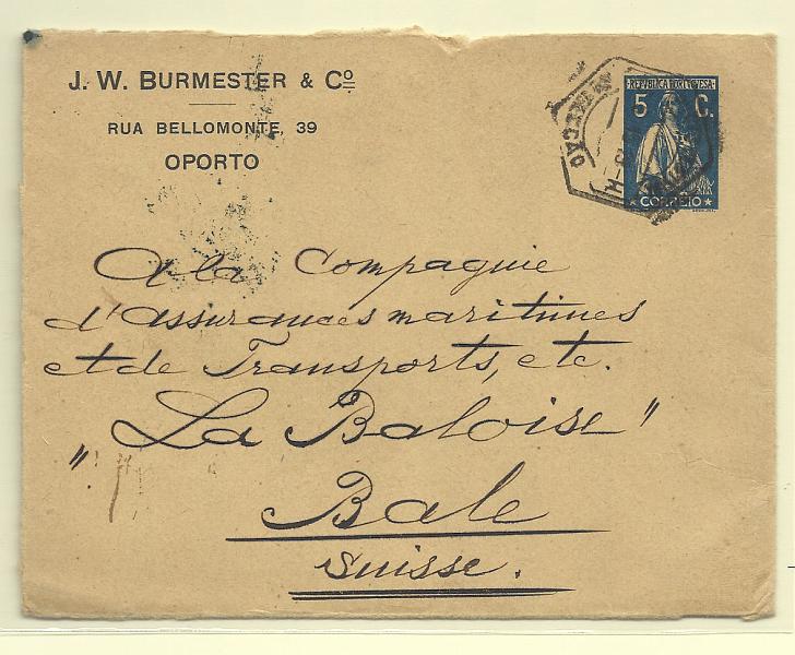0424.jpg -     Lote:    424            Portugal       Descrição:         1912 &mdash; Ceres. Sobrescritos. OM12, 5c Azul escuro. Circulado do Porto (26.06.15) para a Suiça (30.06.15). Repicado por J. W. BURMESTER & C.º".        IC       Valor Base:     &euro; 20,00     Valor Venda:     &euro; 32,00       
