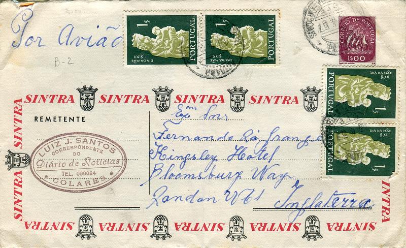 0426.jpg -     Lote:    426            Portugal       Descrição:         1956/57 &mdash; Carta Universal. Selo tipo Caravela. OM4, 1$00 castanho-vermelho SÉRIE B2. Circulada por via aérea de Colares (18.04.57) para Inglaterra com 4 selos adicionais de 1$00 CE825. Rara circulação por via aérea para o estrangeiro. MR.        IC       Valor Base:     &euro; 75,00     Valor Venda:     &euro; 75,00       