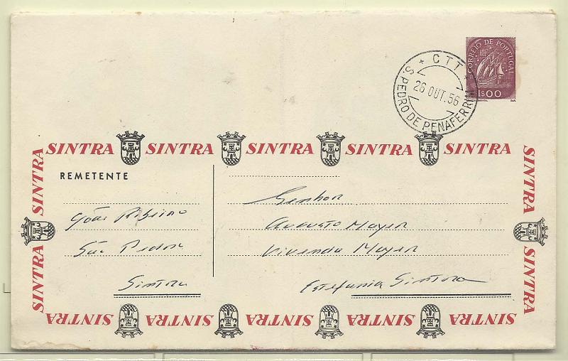 0427.jpg -     Lote:    427            Portugal       Descrição:         1955/57 &mdash; Carta Universal. Selo tipo Caravela. OM4, 1$00 série B-2. Circulada de S. Pedro de Penaferrim (26.10.56) para Lisboa.        IC       Valor Base:     &euro; 20,00     Valor Venda:     Retirado     