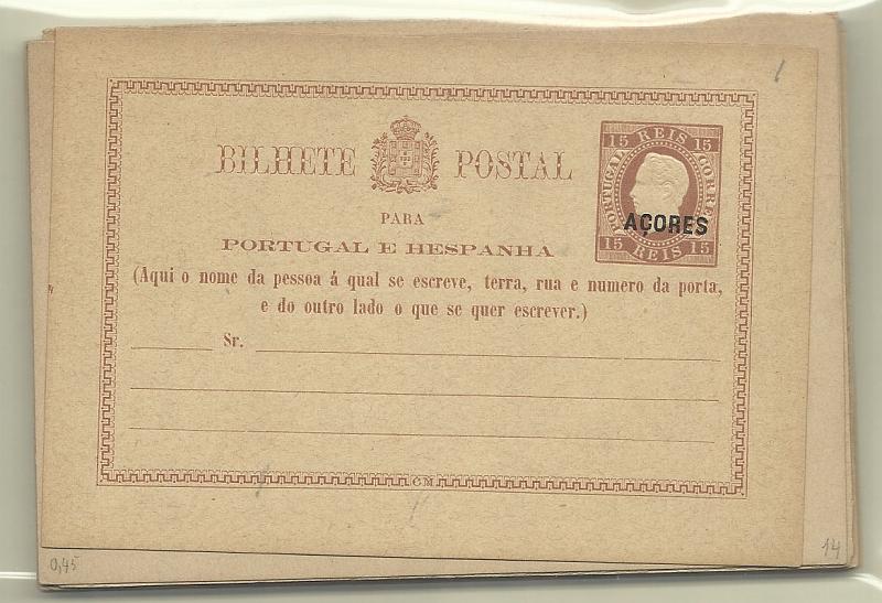 0429.jpg -     Lote:    429            Açores       Descrição:         1878/85 &mdash; D. Luís I. Fita direita. Impressão em relevo. OM 1/13. Colecção completa das emissões de D. Luís. Repetições com variedades de composição, cartolinas e tonalidades de cor. Inteiros bem conservados.        IN       Valor Base:     &euro; 25,00     Valor Venda:     &euro; 32,00       