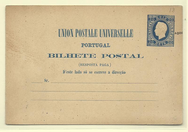 0430.jpg -     Lote:    430            Açores       Descrição:         1883/85 &mdash; D. Luís I, direita. Impressão em relevo, com sobrecarga AÇORES (IV). OM12, 20+20 reis azul. Primeira folha com a sobrecarga completamente deslocada para a direita. MB e MR.        IN       Valor Base:     &euro; 75,00     Valor Venda:     &euro; 75,00       