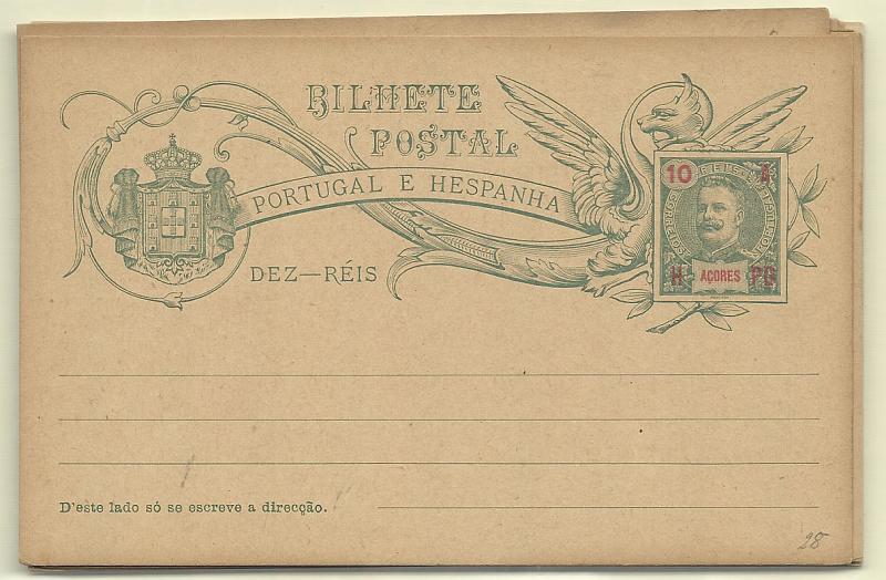 0431.jpg -     Lote:    431            Açores       Descrição:         1906/08 &mdash; D. Carlos I Mouchon + idem com legenda "DEZ REIS". OM22/25 + OM26/29. As duas séries completas, com inteiros bem conservados sem defeitos.        IN       Valor Base:     &euro; 15,00     Valor Venda:     &euro; 15,00       