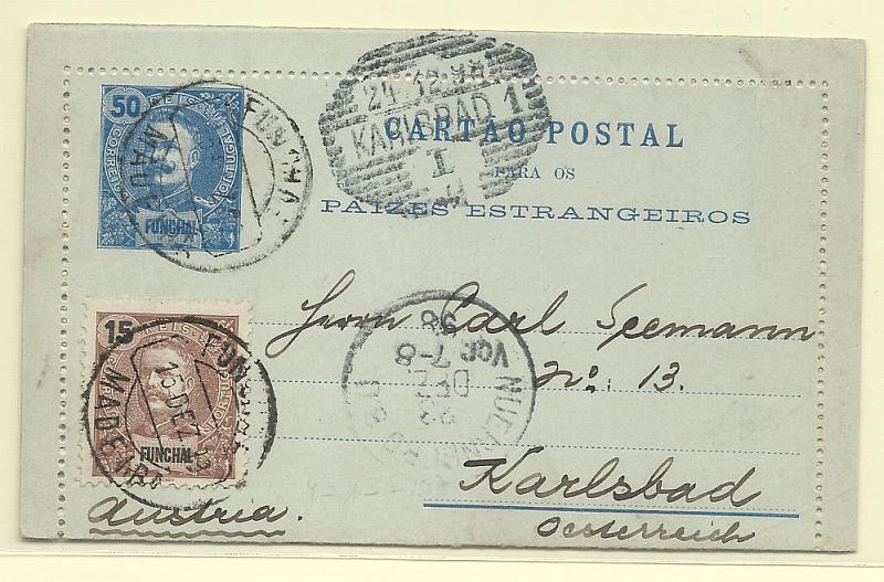 0434.jpg -     Lote:    434            Madeira       Descrição:         1897 &mdash; D. Carlos I Mouchon. Bilhetes-cartas. OM4, 50 reis azul. Circulado do Funchal (16.12.98) para Karlsbad (24.12.98) com selo adicional de 15 reis CE16. MB.        IC       Valor Base:     &euro; 45,00     Valor Venda:     &euro; 60,00       