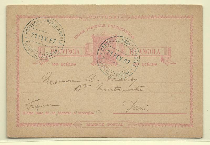 0435.jpg -     Lote:    435            Angola       Descrição:         1885 &mdash; D. Luís I. OM2, 20 reis carmim sobre cartolina camurça, circulado de Landana (21.02.97) para Paris.        IC       Valor Base:     &euro; 20,00     Valor Venda:     Retirado     