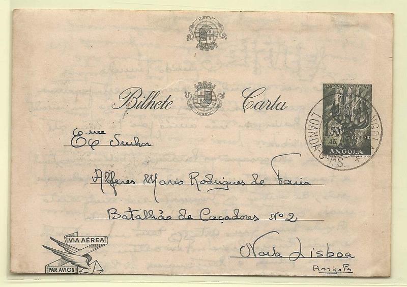 0438.jpg -     Lote:    438            Angola       Descrição:         1950 &mdash; Ano Santo. Bilhetes-cartas de correio aéreo. OM1, 1,50 Ag verde-cinzento, circulado de Luanda (20.05.55) para Nova Lisboa (21.05.55). Rara circulação interna.        IC       Valor Base:     &euro; 10,00     Valor Venda:     Retirado     