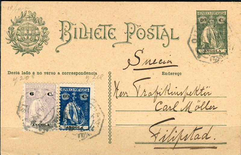0440.jpg -     Lote:    440            Angola       Descrição:         1926 &mdash; Ceres. OM19, 30C verde. Circulado do Lobito (13.06.28) para a Suécia com selos adicionais tipo Ceres de 6c e 60c CE203 e 208, perfazendo o porte de 96c.        IC       Valor Base:     &euro; 30,00     Valor Venda:     Retirado     
