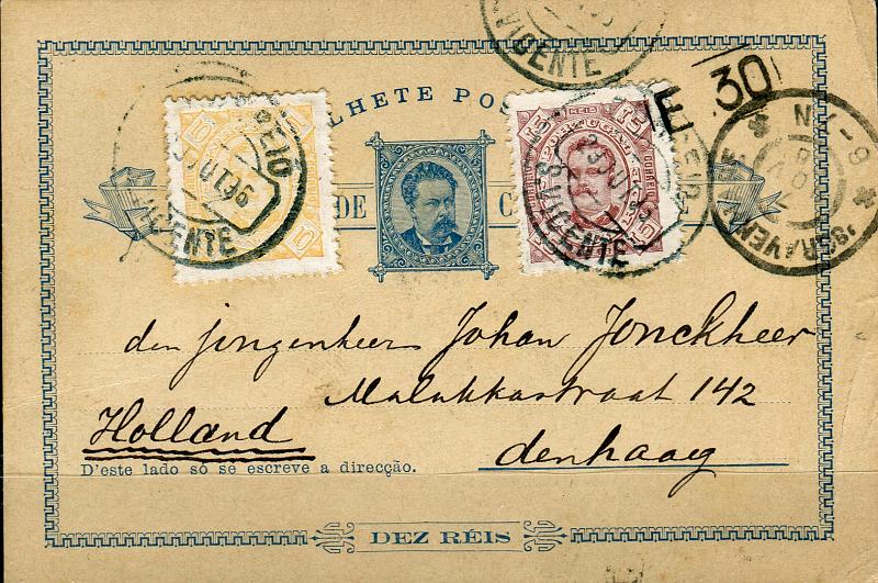 0442.jpg -     Lote:    442            Cabo Verde       Descrição:         1885 &mdash; D. Luís I. OM1, 10 reis azul sobre cartolina camurça. Circulado de S. Vicente (23.10.96) para a Holanda (07.11.96) com selos adicionais de 5 e 10 reis D. Carlos I tipo Diogo Neto CE 31/32. MB e R.        IC       Valor Base:     &euro; 100,00     Valor Venda:     &euro; 130,00       