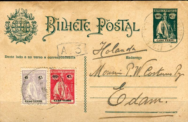 0444.jpg -     Lote:    444            Cabo Verde       Descrição:         1926 &mdash; Ceres. OM19, 30C verde. Circulado de S. Vicente (19.06.28) para a Holanda com selos adicionais tipo Ceres de 6c e 60c CE174 e 193, perfazendo o porte de 96c.        IC       Valor Base:     &euro; 30,00     Valor Venda:     &euro; 30,00       