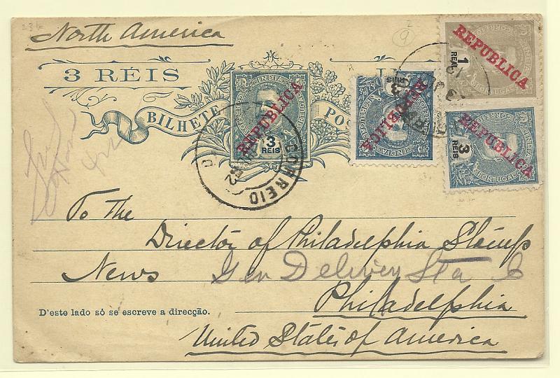 0454.jpg -     Lote:    454            Índia       Descrição:         1914 &mdash; D. Carlos I Mouchon com sobrecarga REPUBLICA. OM22, 3 reis azul. Circulado de Goa (23.07.12) para os EUA com selos adicionais de D. Carlos I Mouchon de 3 reis (2) CE204 e 1 real CE200. B e R.        IC       Valor Base:     &euro; 40,00     Valor Venda:     Retirado     
