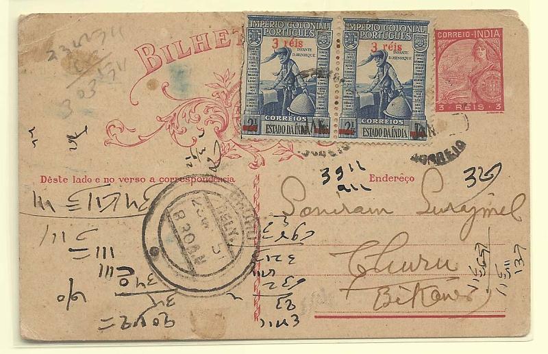 0460.jpg -     Lote:    460            Índia       Descrição:         1934 &mdash; Lusíadas. OM39, 3 reis carmim (cartolina lisa). Circulado de Vasco da Gama (17.01.51) para a Bikanes com dois selos adicionais de 3 reis s>/ 2 &frac12; tgs CE402. Repicado por HIRALAL & CO.        IC       Valor Base:     &euro; 10,00     Valor Venda:     Retirado     