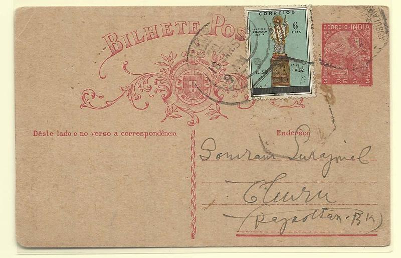 0463.jpg -     Lote:    463            Índia       Descrição:         1934 &mdash; Lusíadas. OM39, 3 reis carmim (cartolina lisa). Circulado de Vasco da Gama (12.03.54) para a India inglesa com selo adicional de 6 reis CE426. Repicado por HIRALAL & CO.        IC       Valor Base:     &euro; 15,00     Valor Venda:     Retirado     