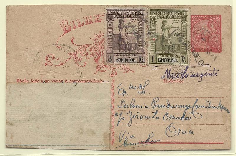 0467.jpg -     Lote:    467            Índia       Descrição:         1934 &mdash; Lusíadas. CE39, 3 reis carmim. Inteiro circulado de Nova Goa (16.07.52) para a Índia Inglesa com selos adicionais de 1 real e 3 reis CE348, 350. Texto em português coberto por fragmento de papel colado pelo remetente.        IC       Valor Base:     &euro; 12,00     Valor Venda:     &euro; 12,00       