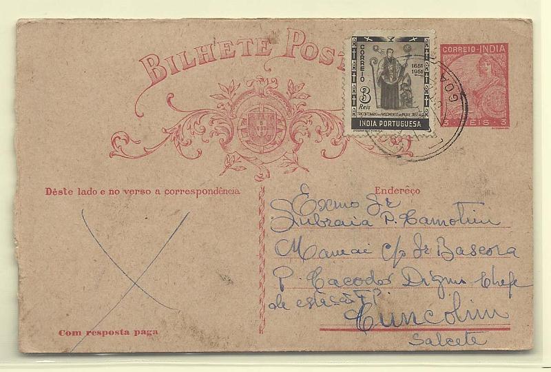 0471.jpg -     Lote:    471            Índia       Descrição:         1934 &mdash; Lusíadas. CE40, 3+3 reis carmim. Primeira folha circulada de Goa (00.05.54 &mdash; erro de datador) para Cuncolim (01.05.54) com selo adicional de 3 reis CE435. Inteiros com manchas. CARTOLINA ESPESSA.        IC       Valor Base:     &euro; 20,00     Valor Venda:     Retirado     