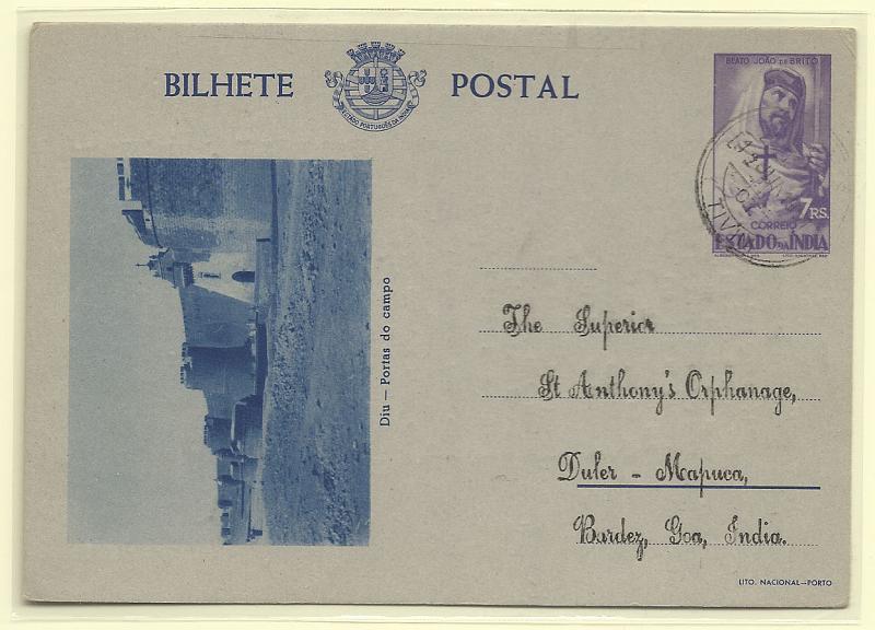 0472.jpg -     Lote:    472            Índia       Descrição:         1946 &mdash; Motivos Históricos. OM41, 7 reis violeta. Motivo: Diu &mdash; Portas do campo. Cor azul, cartolina cinzenta. Circulado de TIvim (12.06.47) para Mapuça. Repicado. Carimbo batido a preto de TIVIM.        IC       Valor Base:     &euro; 20,00     Valor Venda:     Retirado     