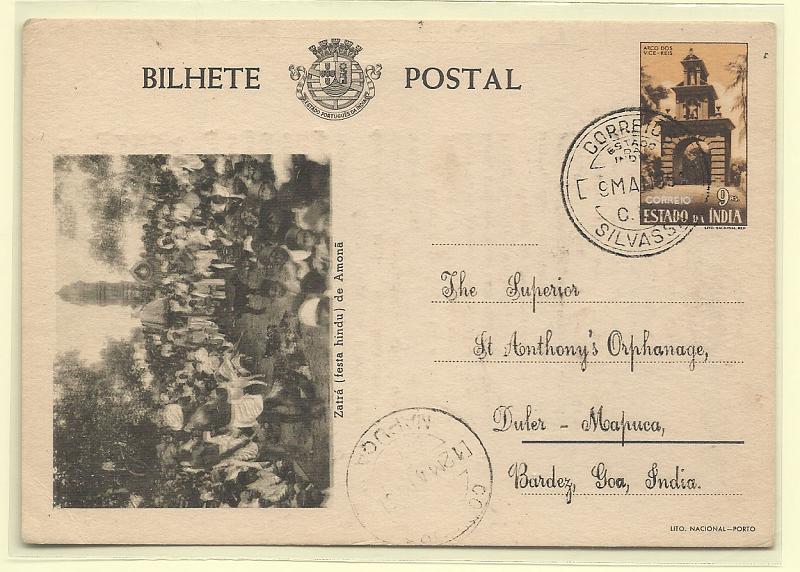 0473.jpg -     Lote:    473            Índia       Descrição:         1946 &mdash; Motivos Históricos. OM42, 9 reis sépia. Motivo: Zatrá de Amonã. Cor verde escuro, cartolina creme. Circulado de Silvassa (09.05.51) para Mapuça. Repicado. Carimbo batido a preto de SILVASSA.        IC       Valor Base:     &euro; 20,00     Valor Venda:     &euro; 32,00       
