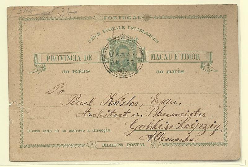 0477.jpg -     Lote:    477            Macau       Descrição:         1885 &mdash; D. Luís I. OM3, 30 reis. Circulado de Macau (23.08.88) para a Alemanha com trânsito por Hong-Kong (24.08.88).        IN       Valor Base:     &euro; 10,00     Valor Venda:     &euro; 18,00       