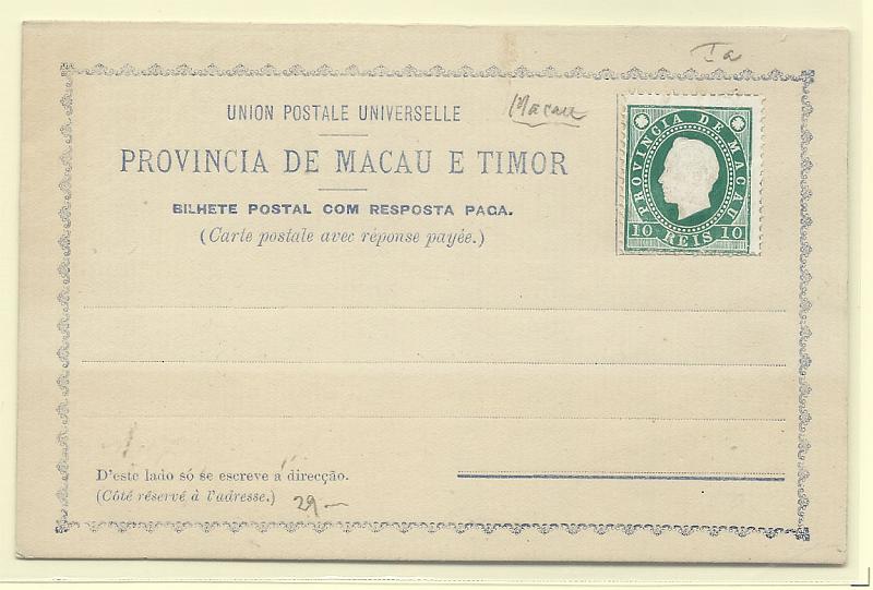 0478.jpg -     Lote:    478            Macau       Descrição:         1892 &mdash; Bilhetes-postais de resposta paga de fabrico local. OM I, 10+10 reis verde azul. Novo, bem conservado        IN       Valor Base:     &euro; 15,00     Valor Venda:     Retirado     
