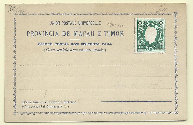 0479.jpg -     Lote:    479            Macau       Descrição:         1892 &mdash; Bilhetes-postais de resposta paga de fabrico local. OM I, 10+10 reis verde azul. Novo, bem conservado        IN       Valor Base:     &euro; 15,00     Valor Venda:     Retirado     