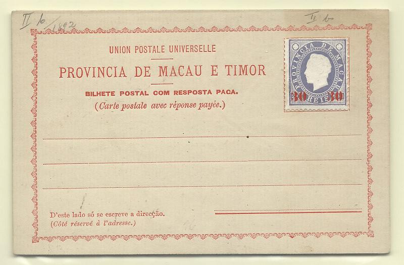 0480.jpg -     Lote:    480            Macau       Descrição:         1892 &mdash; Bilhetes-postais de resposta paga de fabrico local. OM II, 30+30 / 200+200 reis lilás. Lote de dois inteiros, com variedades, bem conservados        IN       Valor Base:     &euro; 25,00     Valor Venda:     Retirado     