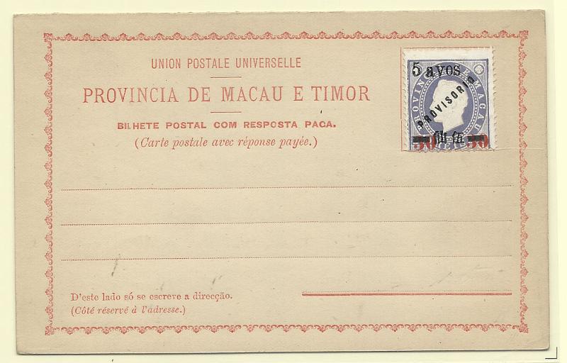 0481.jpg -     Lote:    481            Macau       Descrição:         1894 &mdash; Bilhetes-postais de resposta paga de fabrico local. OM III 5+5 avos s/ 30+30 avos s/ 200+200 reis, lilás. Selo com o denteado deslocado. Novo. Bem conservado.        IN       Valor Base:     &euro; 15,00     Valor Venda:     &euro; 40,00       