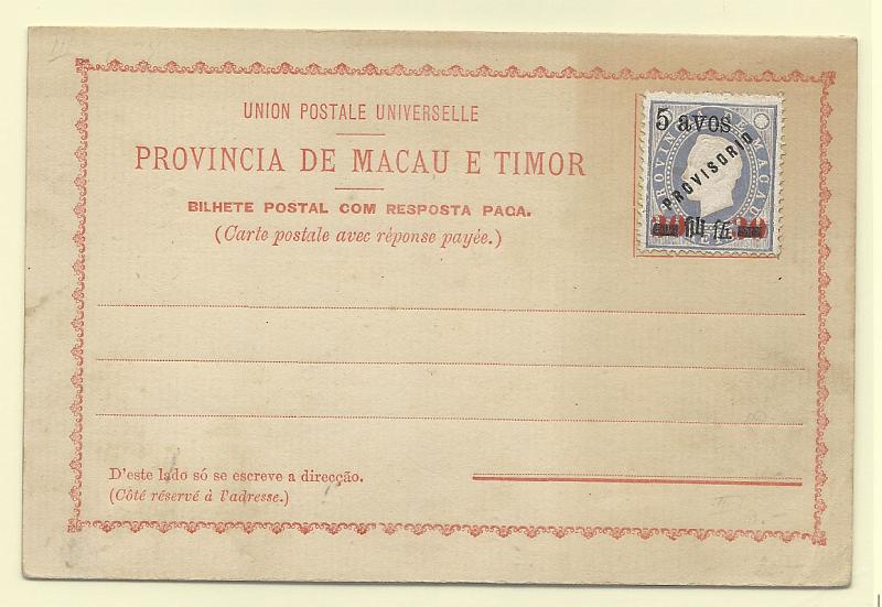 0482.jpg -     Lote:    482            Macau       Descrição:         1894 &mdash; Bilhetes-postais de resposta paga de fabrico local. OM III 5+5 avos s/ 30+30 avos s/ 200+200 reis, lilás. Novo. Bem conservado.        IN       Valor Base:     &euro; 15,00     Valor Venda:     &euro; 40,00       