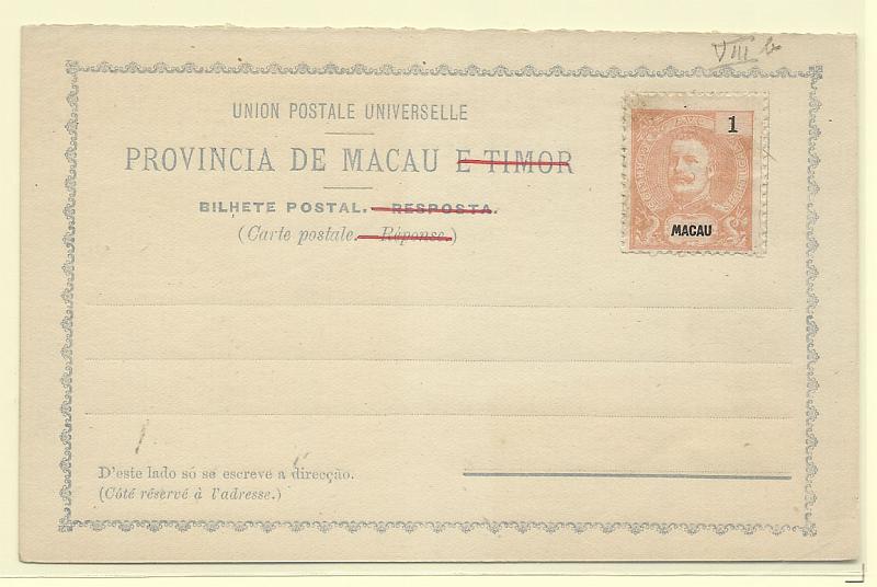 0483.jpg -     Lote:    483            Macau       Descrição:         1897 &mdash; Bilhetes-Postais de Macau e Timor, emissão de 1892, com selo Mouchon colado. OM XA, 1 avo laranja (RESPOSTA). Novo, bem conservado.        IN       Valor Base:     &euro; 10,00     Valor Venda:     &euro; 10,00       