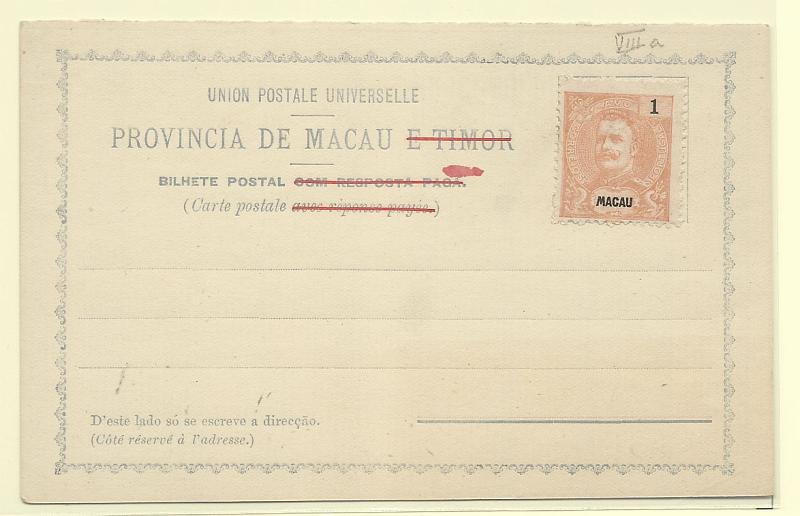 0484.jpg -     Lote:    484            Macau       Descrição:         1897 &mdash; Bilhetes-Postais de Macau e Timor, emissão de 1892, com selo Mouchon colado. OM XB, 1 avo laranja (RESPOSTA PAGA). Novo, bem conservado.        IN       Valor Base:     &euro; 10,00     Valor Venda:     &euro; 10,00       