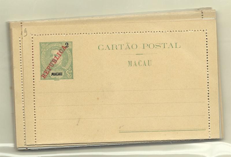 0488.jpg -     Lote:    488            Macau       Descrição:         1912 &mdash; D. Carlos I Mouchon, com sobrecarga REPUBLICA. Bilhetes-Cartas. OM 9/16. Série completa, inteiros novos e muito bem conservados.        IN       Valor Base:     &euro; 15,00     Valor Venda:     Retirado     