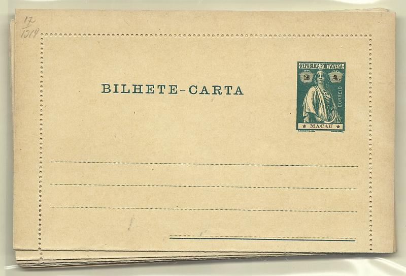 0489.jpg -     Lote:    489            Macau       Descrição:         1914/1919 &mdash; Ceres. Bilhetes-Cartas. OM 17/23 + OM24/25. As duas séries completas. Novos, muito bem conservados.        IN       Valor Base:     &euro; 20,00     Valor Venda:     &euro; 36,00       
