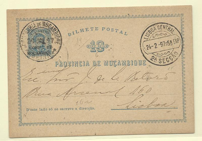 0496.jpg -     Lote:    496            Companhia de Moçambique       Descrição:         1892 &mdash; D. Luís I. Inteiros de Moçambique com sobrecarga "COMP.ª DE MOÇAMBIQUE". OM1, 10 reis azul, sobrecarga horizontal baixa. Circulado da Beira (26.01.97) para Lisboa (24.02.97). MB e R.        IC       Valor Base:     &euro; 30,00     Valor Venda:     Retirado     