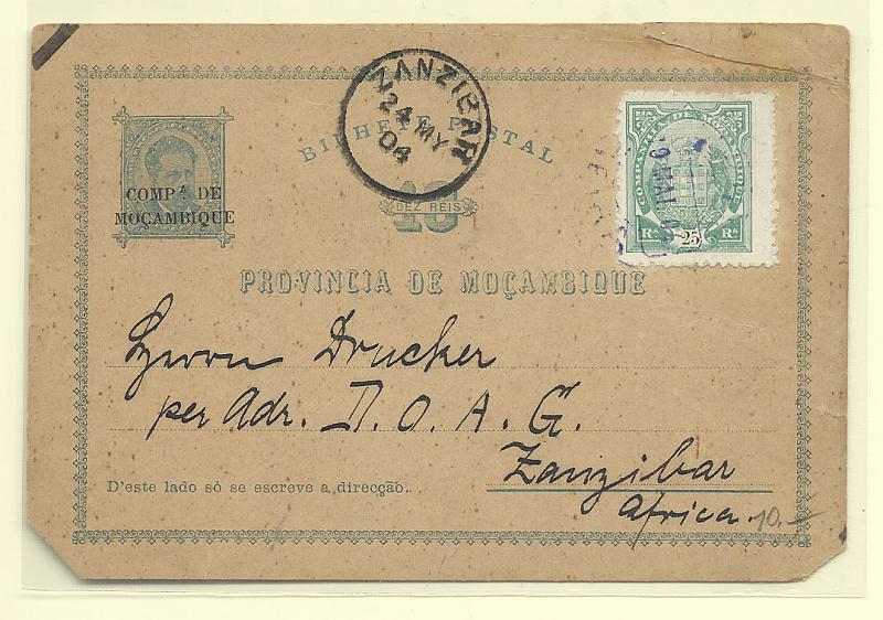 0497.jpg -     Lote:    497            Companhia de Moçambique       Descrição:         1892 &mdash; D. Luís I. Bilhetes postais de Moçambique com sobrecarga COMP.ª DE MOÇAMBIQUE. OM1, 10 reis azul. Circulado da Beira (19.05.04) para Zanzibar (24.05.04) com selo adicional de 10 reis tipo Elefantes. Dois cantos cortados. Raro.        IC       Valor Base:     &euro; 50,00     Valor Venda:     Retirado     