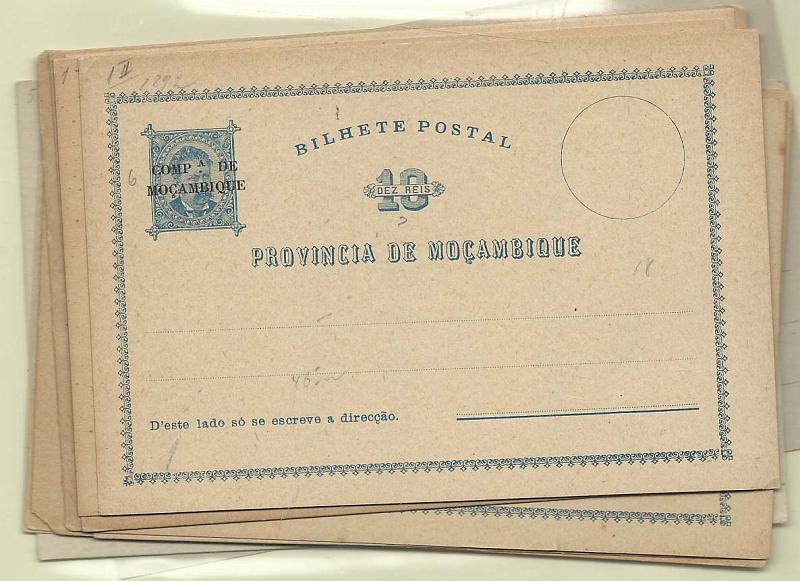 0498.jpg -     Lote:    498            Companhia de Moçambique       Descrição:         1892/1898 &mdash; D. Luís I (Inteiros de Moçambique com sobrecarga COMP.ª DE MOÇAMBIQUE" + D. Luís I (inteiros de Moçambique com sobrecarga CENTENÁRIO DA INDIA" + Centenário da Índia de África com sobrecarga COMP.ª DE MOÇAMBIQUE. Lote composto por 3 inteiros de 10 reis OM1 + 3 inteiros de 20 reis OM2 + 2 de 10 reis OM5 + 2 de 20 reis OM6 + 2 de 10 reis OM7 (C e D) e 1 de 20 reis OM8 (B). Bem conservados. Bom para estudo.        IN       Valor Base:     &euro; 15,00     Valor Venda:     &euro; 15,00       