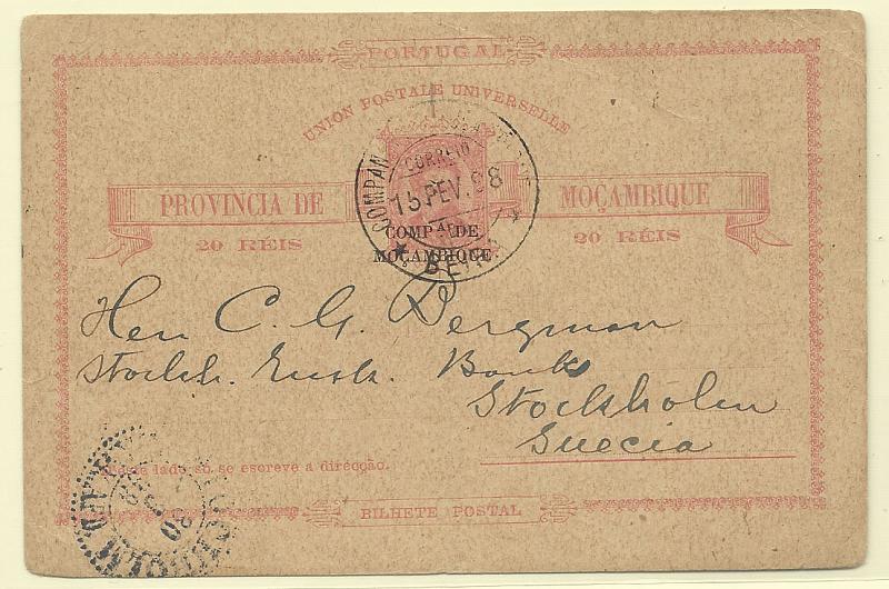 0499.jpg -     Lote:    499            Companhia de Moçambique       Descrição:         1892 &mdash; D. Luís I. Inteiros de Moçambique com sobrecarga "COMP.ª DE MOÇAMBIQUE". OM2, 20 reis rosa. Circulado da Beira (15.02.98) para a Suécia (30..03.98). MB e MR.        IC       Valor Base:     &euro; 30,00     Valor Venda:     Retirado     
