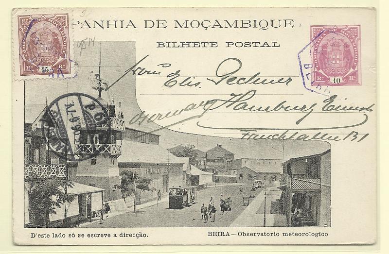 0501.jpg -     Lote:    501            Companhia de Moçambique       Descrição:         1904 &mdash; Tipo Elefantes. Ilustrados. OM9, 10 reis (Beira &mdash; Observatório meteorológico), circulado da Beira (03.05.06) para a Alemanha (25.05.06) com selo adicional tipo Elefantes de 15 reis CE14. MB.        IC       Valor Base:     &euro; 30,00     Valor Venda:     Retirado     