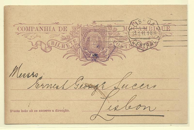 0505.jpg -     Lote:    505            Companhia de Moçambique       Descrição:         1906/07 &mdash; Tipo Elefantes. OM13, 10 reis. Circulado da Beira (05.01.11) para Lisboa (31.01.11). MB.        IC       Valor Base:     &euro; 15,00     Valor Venda:     &euro; 18,00       