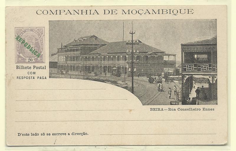 0507.jpg -     Lote:    507            Companhia de Moçambique       Descrição:         1911 &mdash; Tipo Elefantes. Ilustrados. Com sobrecarga REPUBLICA local a verde. OM21. 20+20 reis (Beira &mdash; Rua Conselheiro Enes). Muito bem conservado.        IN       Valor Base:     &euro; 15,00     Valor Venda:     &euro; 15,00       