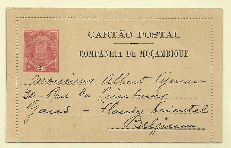0510.jpg -     Lote:    510            Companhia de Moçambique       Descrição:         1907 &mdash; Tipo Elefantes. Bilhetes-Cartas. OM1, 25 reis rosa carmim, com gravura "Beira &mdash; Alfândega". Circulado da Beira (31.05.11) para a Bélgica.        IC       Valor Base:     &euro; 20,00     Valor Venda:     Retirado     