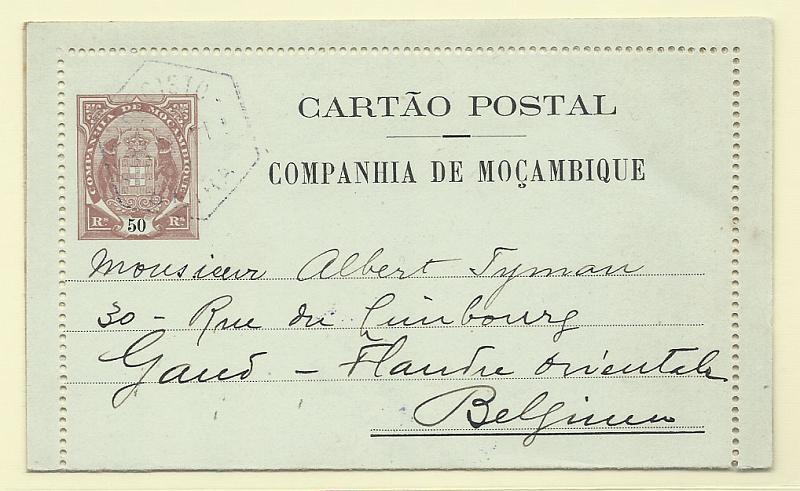 0511.jpg -     Lote:    511            Companhia de Moçambique       Descrição:         1907 &mdash; Tipo Elefantes. Bilhetes-Cartas. OM2, 50 reis castanho, com gravura "Beira &mdash; Alfândega". Circulado da Beira (31.05.11) para a Bélgica.        IC       Valor Base:     &euro; 20,00     Valor Venda:     Retirado     