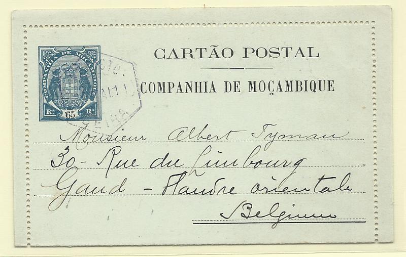0512.jpg -     Lote:    512            Companhia de Moçambique       Descrição:         1907 &mdash; Tipo Elefantes. Bilhetes-Cartas. OM3, 65 reis azul, com gravura "Beira &mdash; Clube do Sport". Circulado da Beira para a Bélgica.        IC       Valor Base:     &euro; 20,00     Valor Venda:     Retirado     